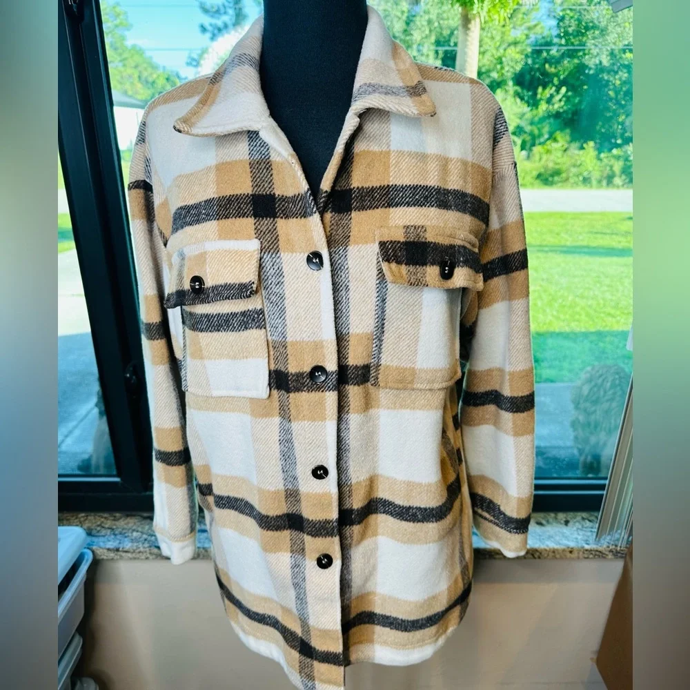 BTFBM Plaid Button-Up Jacket Neutral Colors Oversized Size Large